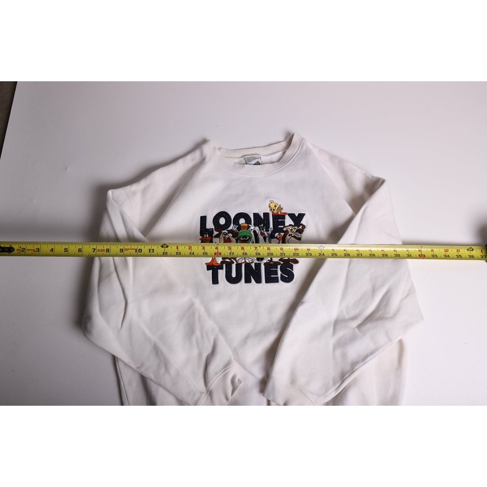 Vintage Warner Bros Looney Tunes Embroidered White Sweatshirt Mens Medium 90s - Picture 5 of 7